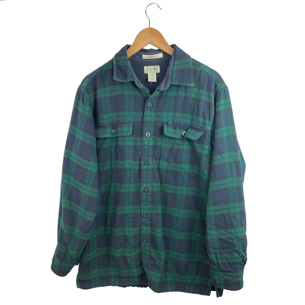 L.L. Bean Men's Fleece Green Plaid Checkered Flannel Button Down Shirt Top Sz M